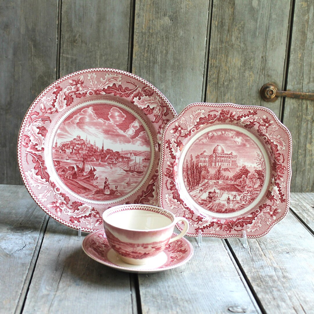 Johnson Brothers Historic America pink Dinner Plates, Square Salad Plate, Cups, Saucers, Red and ... | Etsy (US)