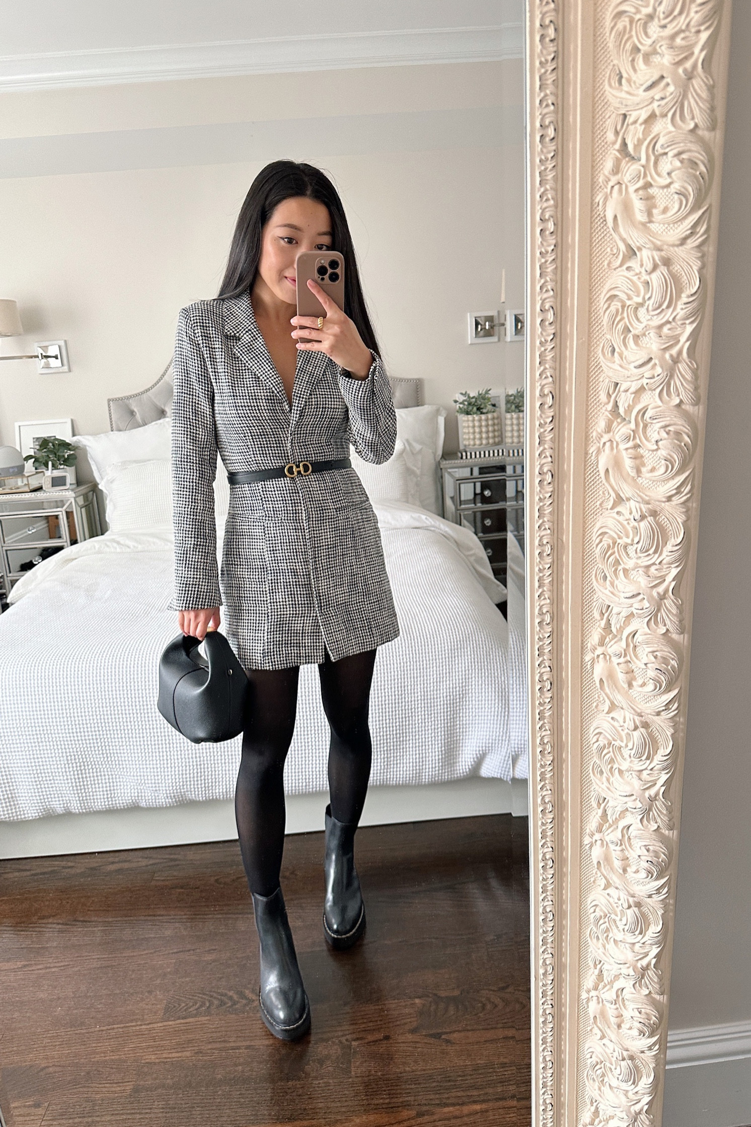 Houndstooth tweed blazer dress for a chic holiday or weekend brunch outfit.

Wearing xxs petite which is mini length and very petite friendly. Side zipper entry - the front is sewn shut which prevents button gapping which reviewers complained about on a prior version blazer dress.
•Sam Edelman Anderson boots sz 5
•Sheertex tights xs
•Edited Pieces mini belt (in the works)
•Polene bag

#petite

#LTKHoliday #LTKxAF #LTKSeasonal