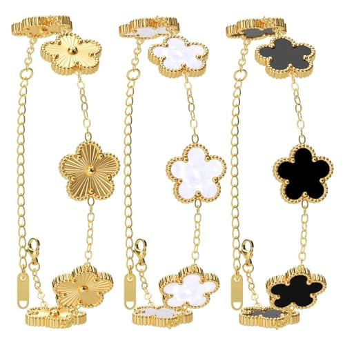 AICase 18K Gold Plated Clover Bracelet Dupes Gold/White/Black Bracelet Set for Women Flower Leaf Lucky Clover Bracelets Trendy Jewelry Birthday Gifts for Women/Mon/Friends | Amazon (US)