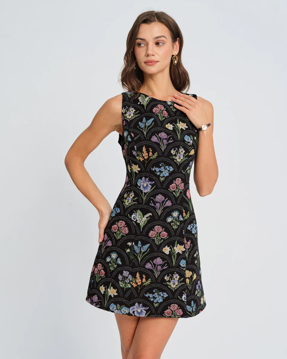 Black Floral Boat Neck Mini Dress | rihoas.com