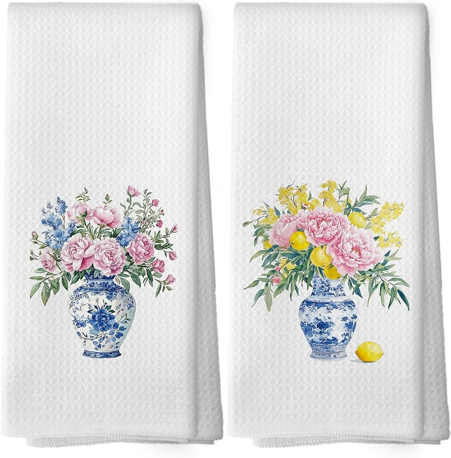 Chinoiserie Floral Kitchen Towels - Blue and White Porcelain Dish Towels, Floral Ginger Jar Decor... | Amazon (US)