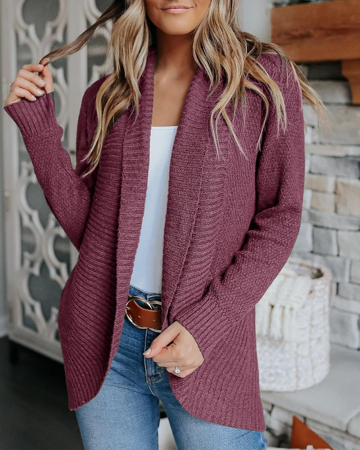 Tutorutor Women's Loose Open Front Cardigan Shawl Neck Long Sleeve Casual Kimonos Tops Soft Lightwei | Amazon (US)