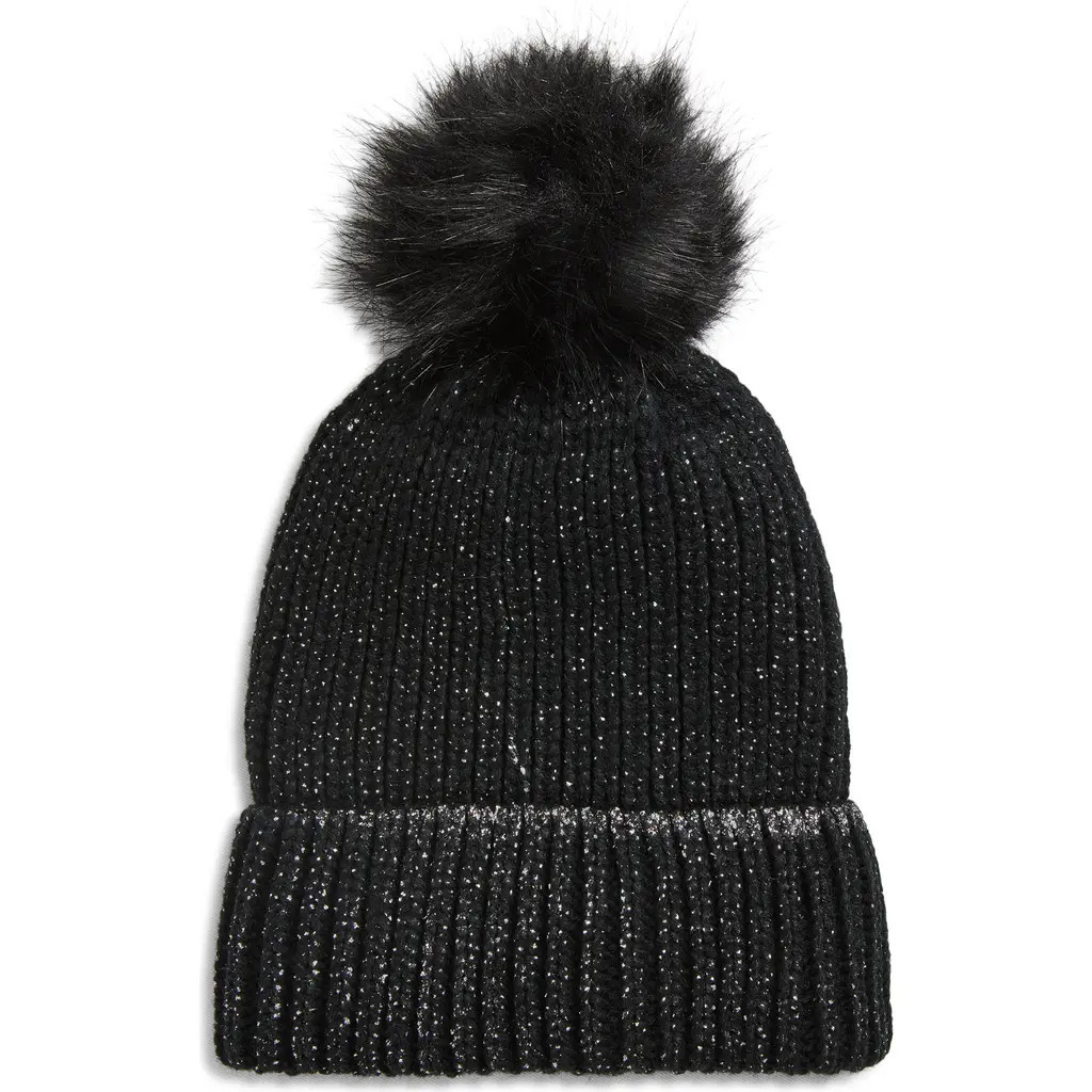 Tasha Faux Fur Pom Sparkle Beanie in Black at Nordstrom | Nordstrom