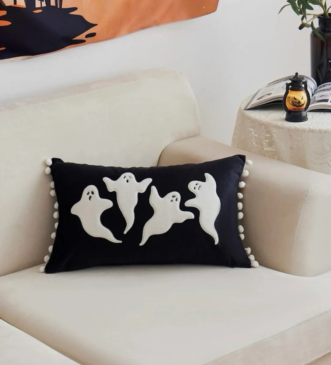 Ghost Pillow Cover. Ghost Embroidered Pillow Case. Halloween Pillow. Fall Pillow. Black and While... | Etsy (US)