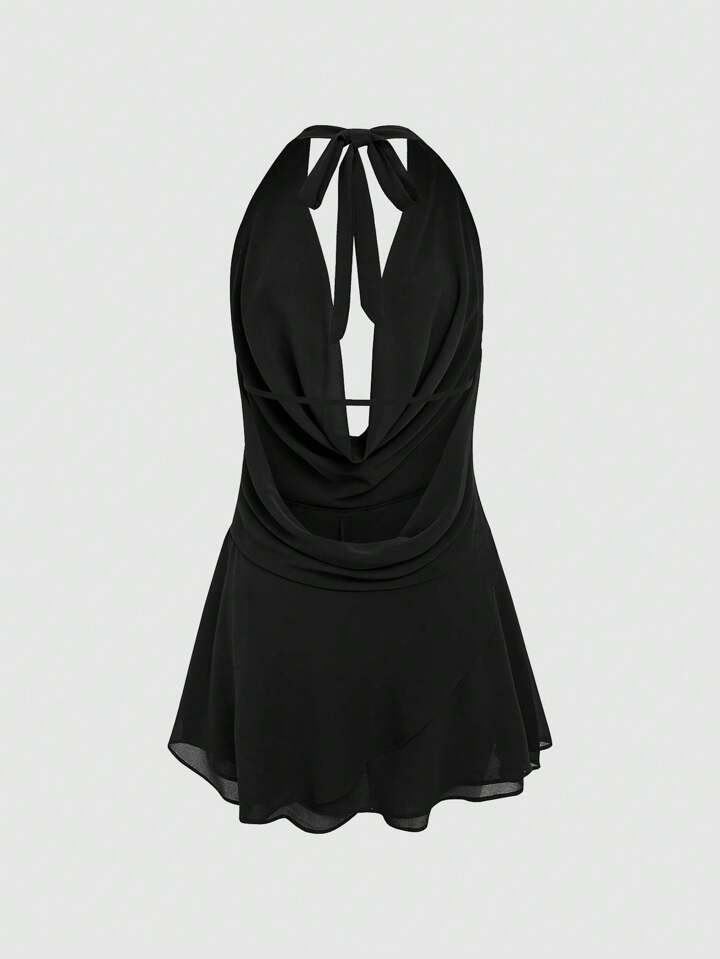 Zyxie Women's Solid Color Halter Tie-Back Casual Mini Dress | SHEIN