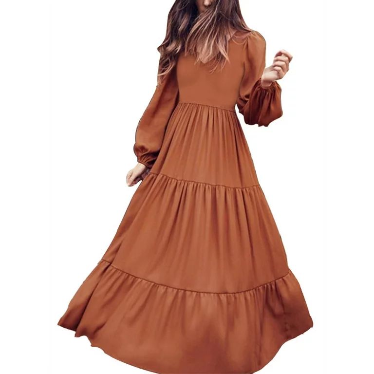 ZANZEA Women`s Casual Plain V Neck Long Sleeve Swing Hem Party Dress | Walmart (US)