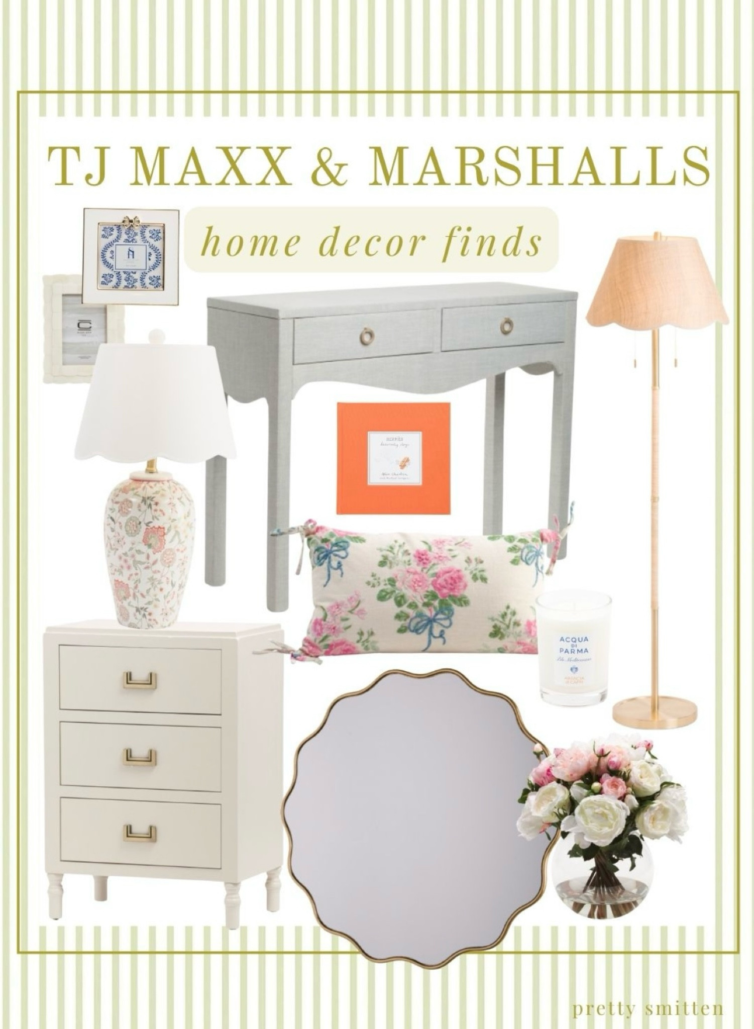 New home decor finds from TJ Maxx / Marshalls -----

grandmillennial home decor, Southern home, traditional home style, classic style, rattan, scallop, floral, budget friendly home, interior design, console table, scallop mirror 

 #LTKHome