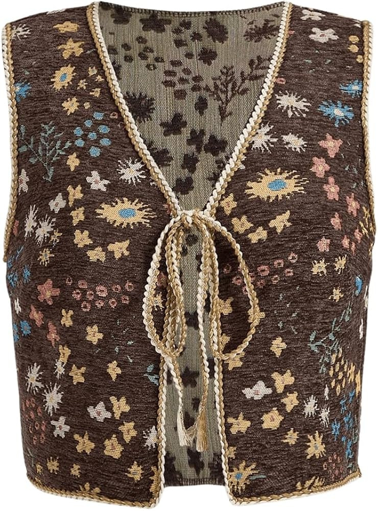 SweatyRocks Women's Floral Print V Neck Vest Tie Front Sleeveless Boho Vests Tops | Amazon (US)