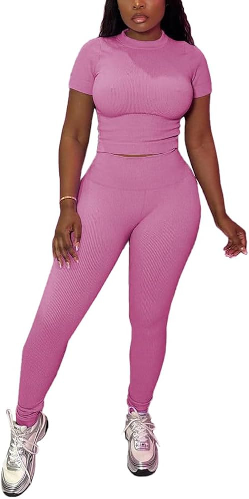 HBQ Women Two Piece Outfits Workout Sets Ribbed Casual Jogging Suits Short Sleeve Tracksuits | Amazon (US)