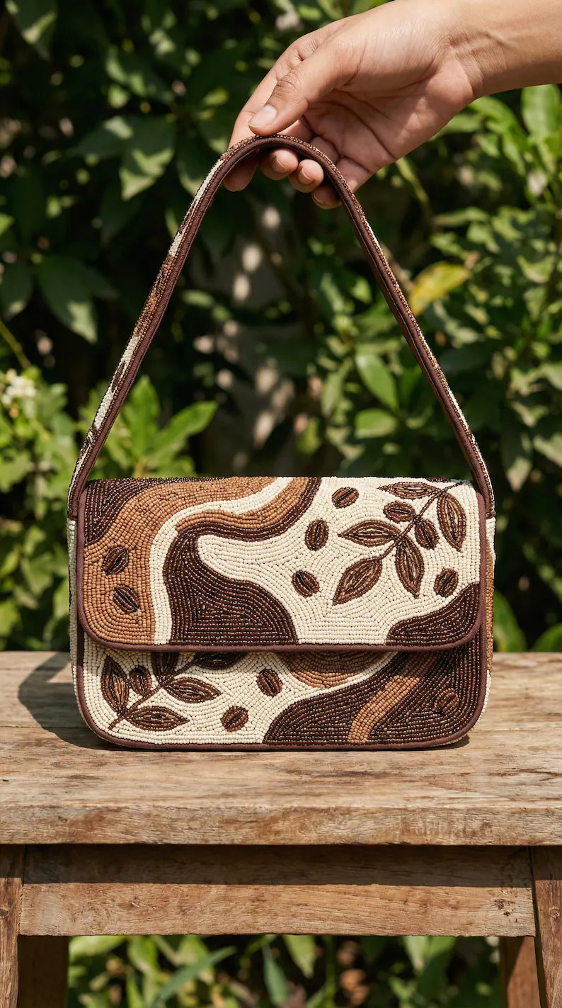 Coffee Bean Hand-Beaded Shoulder Bag - Dark Brown, Tan, and Cream Espresso Purse | Etsy (Global)