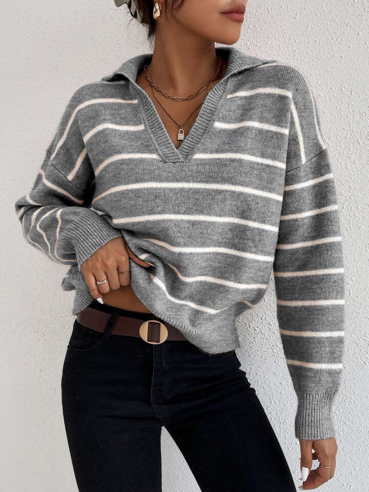 SHEIN Frenchy Striped Notched Drop Shoulder Sweater4.80(500+) | SHEIN