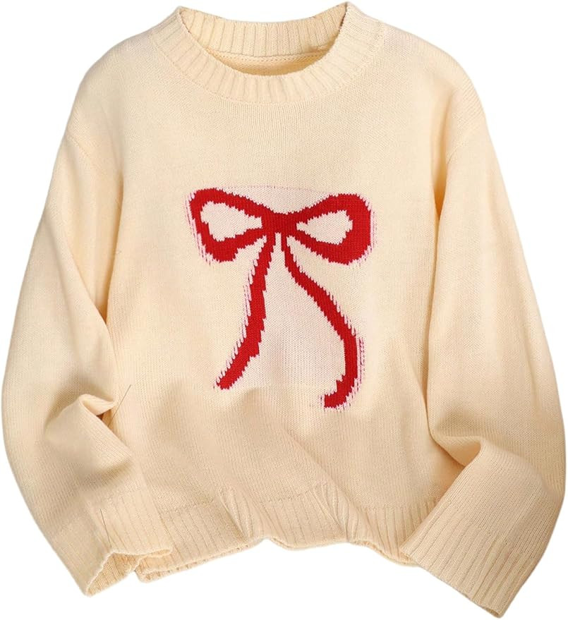 Girl's Bow Sweater Crew Neck Cute Sweaters Long Sleeve Knit Pullovers Sweater | Amazon (US)