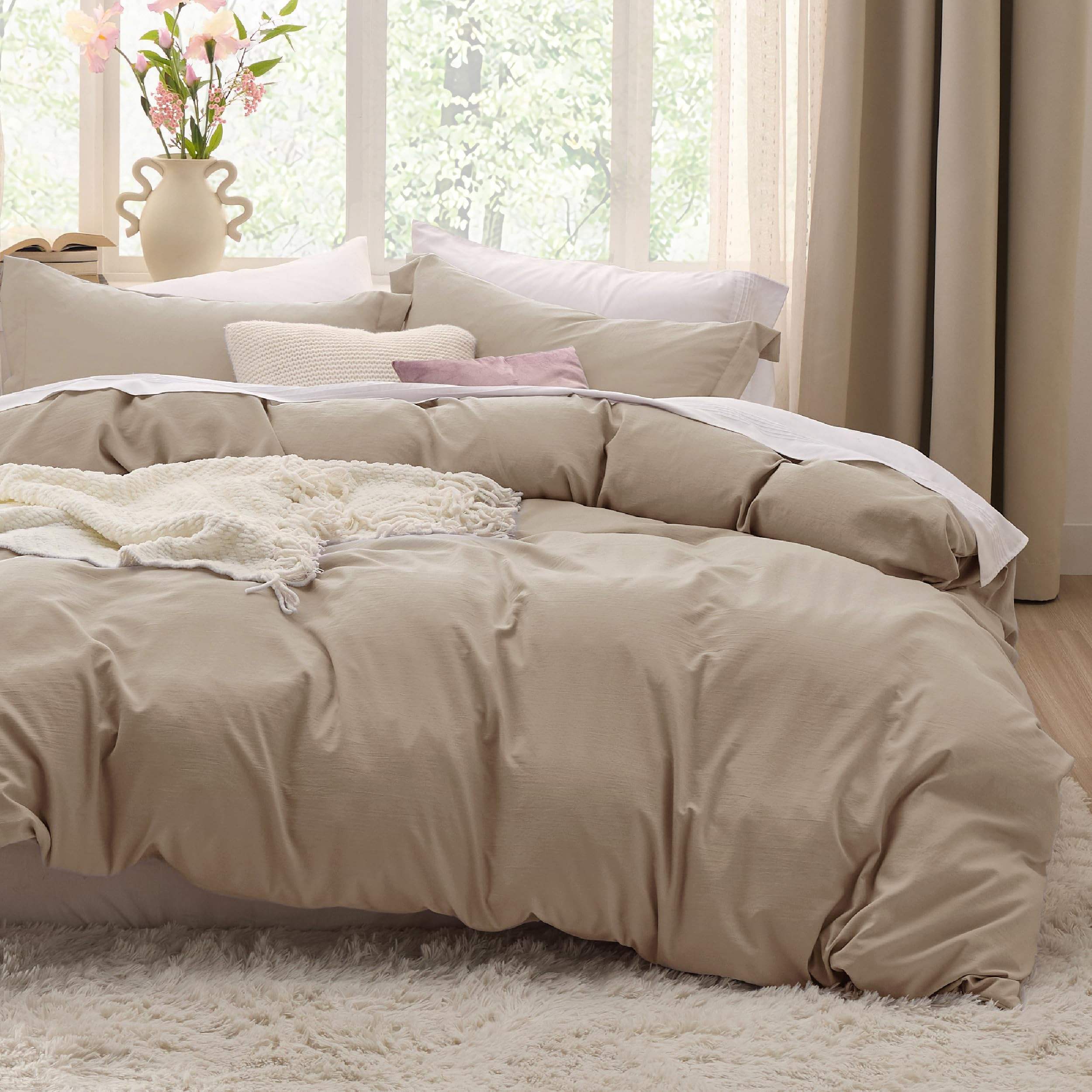 Bedsure Deep Beige Duvet Cover Full Size - 3 Pieces Prewashed Extra Soft Cotton-Like Bedding Set,... | Amazon (US)