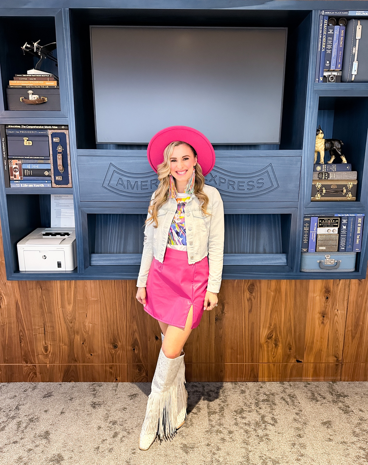 Las Vegas Day 1 outfit! Taylor Swift concert outfit. Vegas outfit. Hot pink / fuchsia hat, Taylor Swift graphic tee, hot pink faux leather skirt from Amazon. Sparkly fringe boots by Jessica Simpson. Amazon finds. 

#LTKtravel #LTKSeasonal #LTKshoecrush