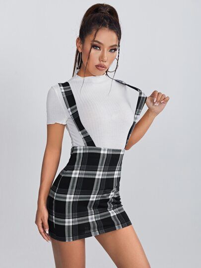 SHEIN Zipper Side Tartan Suspender Skirt | SHEIN