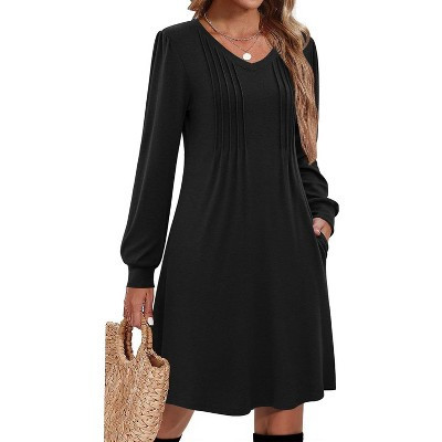 Zeagoo Fall Dresses for Women Long Sleeve Casual Pleated V Neck Dress 2026 A Line Tunic Dress Black S | Target