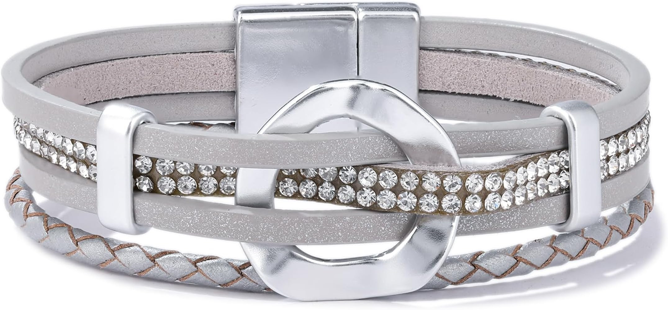 FANCY SHINY Leather Cuff Bracelet Circle Rhinestone Wrap Bracelet Stackable Multi Layer Wristband... | Amazon (US)