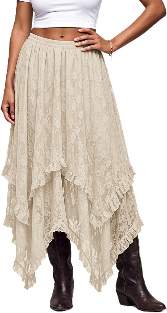 Scarlet Darkness Lace Skirt for Women Asymmetrical Flowy Boho Maxi Skirts | Amazon (US)