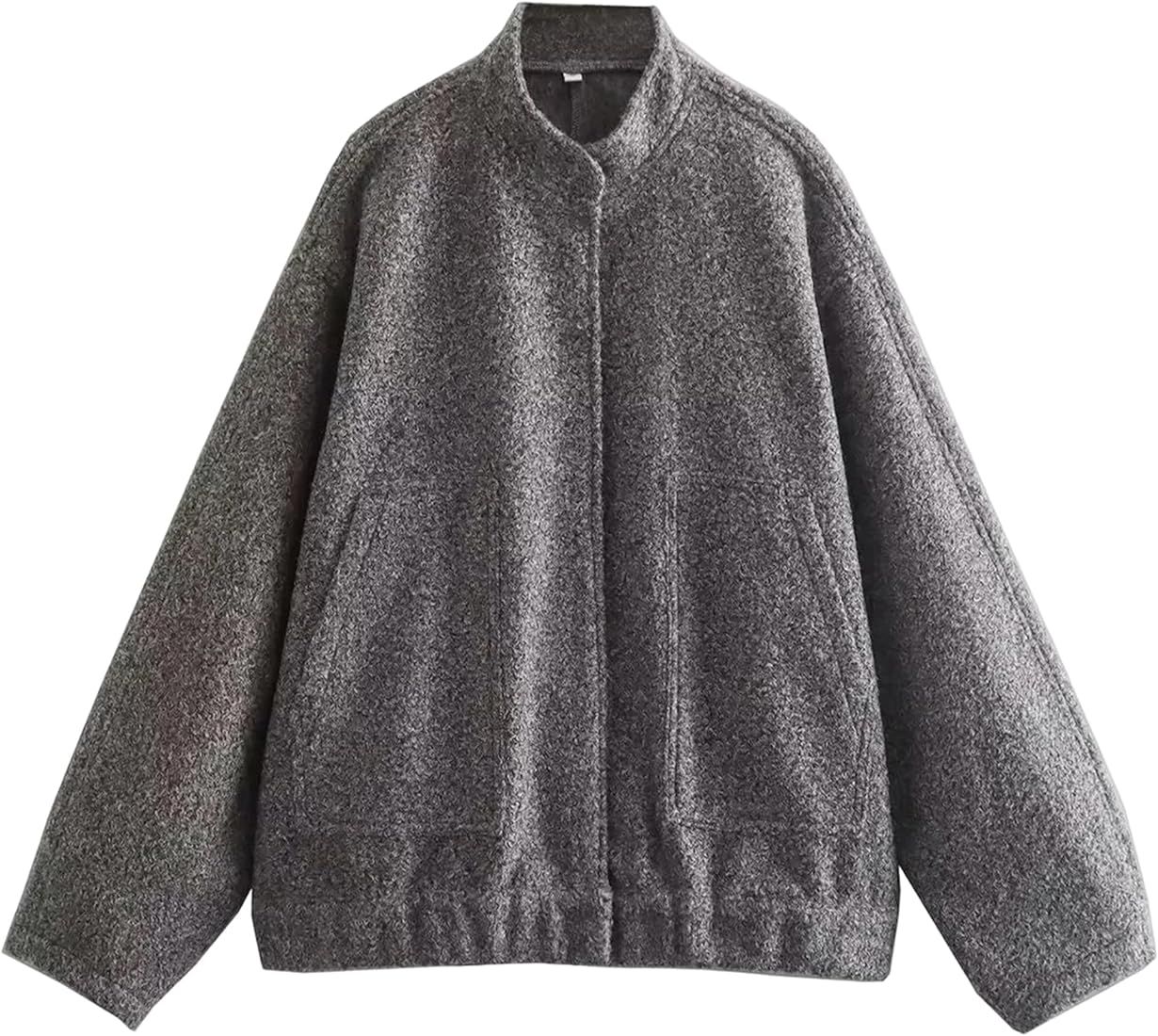 Hixiaohe Women's Oversized Wool Blend Jackets Long Sleeve Button Down Casual Bomber Jacket Outwear w | Amazon (UK)