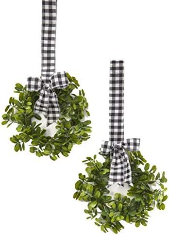 LCI Set of 2 Faux Kitchen Cabinet Wreaths 11" W x 21" L Each (Black & White Plaid) | Amazon (US)