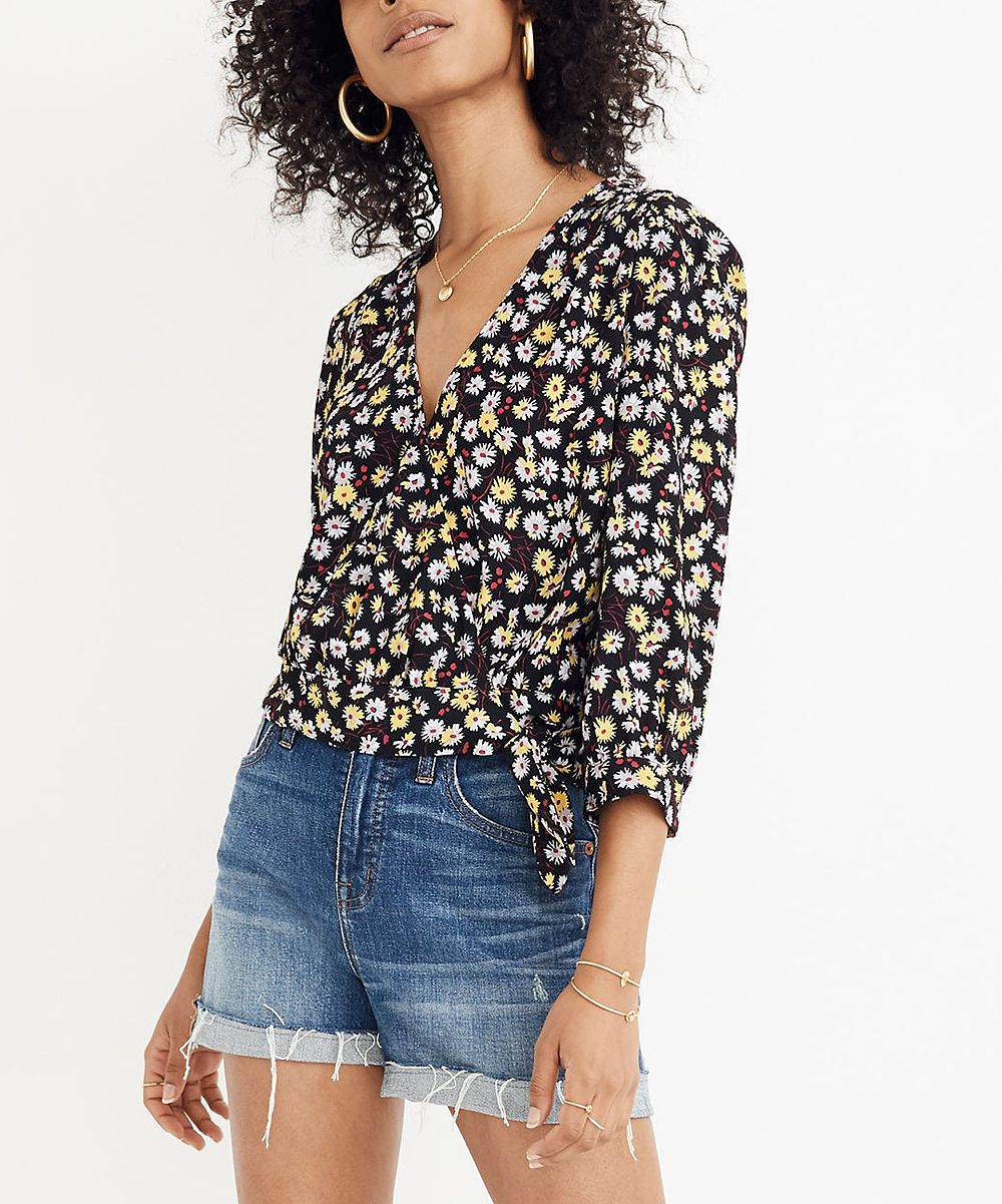 Madewell Women's Wrap Tops FRENCH - True Black French Floral Wrap Top - Women | Zulily