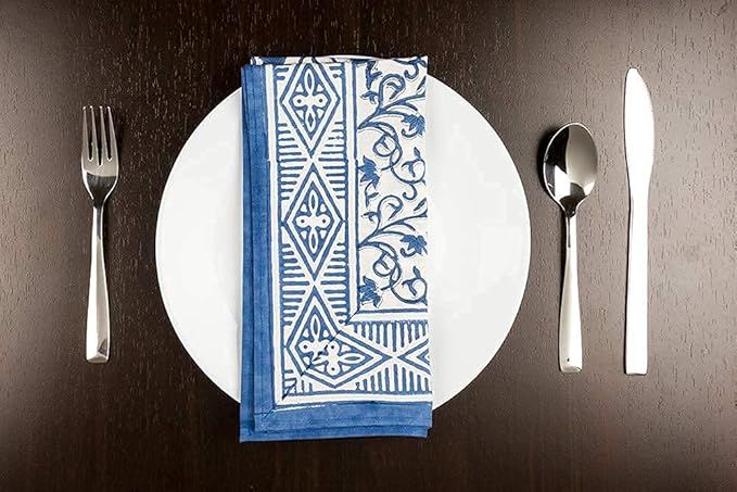 ABHOOH Cotton Napkins Linen Handblock Printed Napkins Set of 4 Cloth Napkins 20 x 20 inch (Indigo... | Amazon (US)