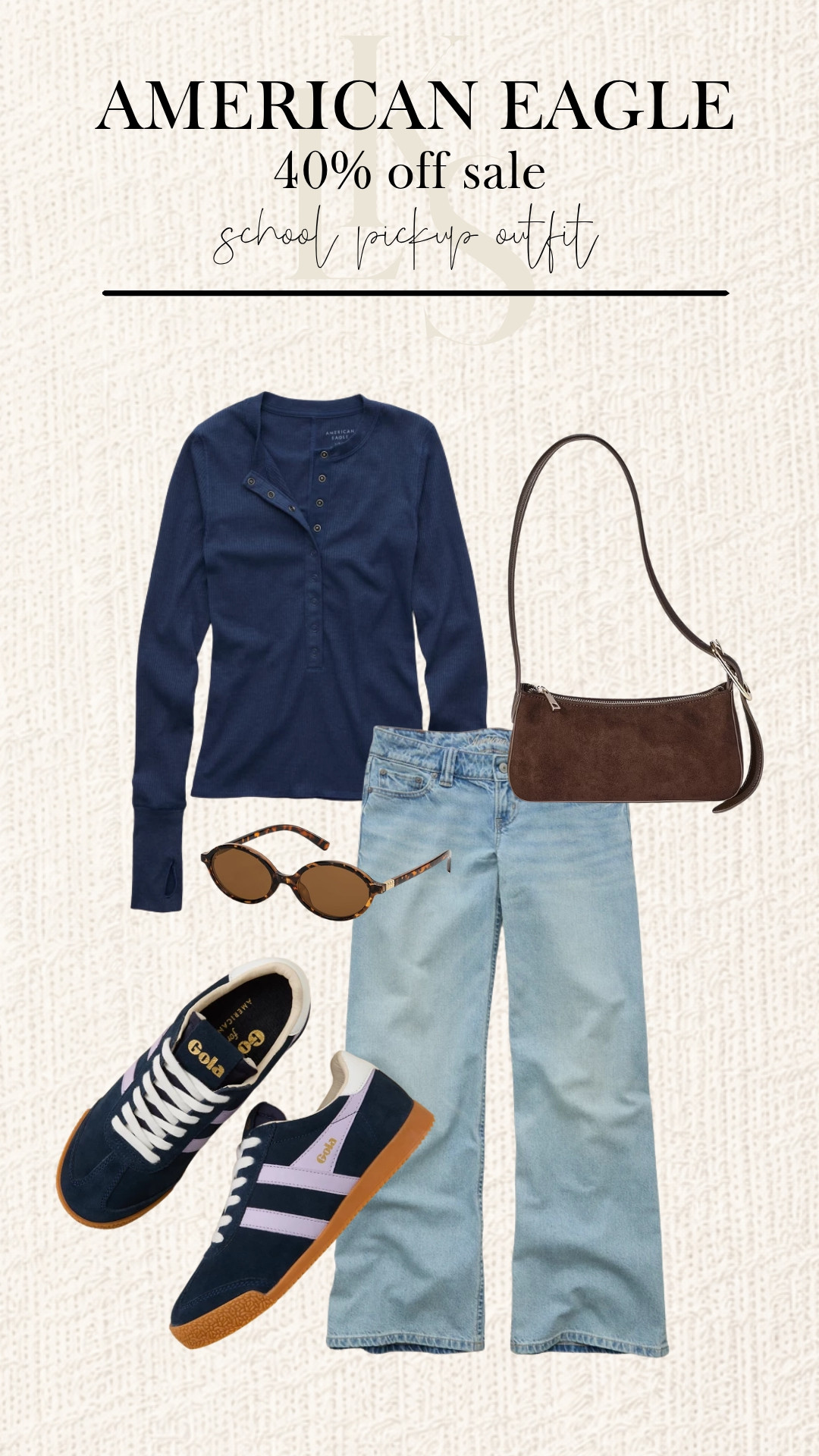 School pickup, but make it cute! This easy fall outfit pairs a navy long-sleeve top and relaxed light-wash jeans with retro sneakers, a brown suede shoulder bag, and tortoise sunnies. 

American Eagle’s 40% off sale makes this casual, everyday look even better! 

 #LTKootd #LTKmomlife #LTKSaleAlert