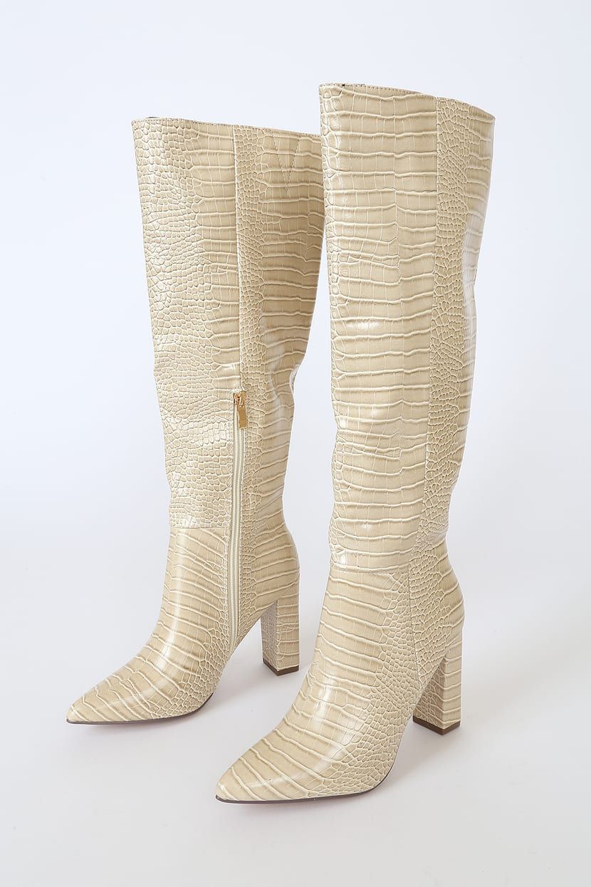 Shaun Beige Crocodile-Embossed Pointed-Toe Knee High Boots | Lulus (US)