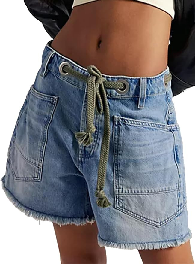 Mewunan Women's Moxie Barrel Jean Shorts 2026 Summer Casual Drawstring Baggy Denim Shorts Y2K Raw... | Amazon (US)