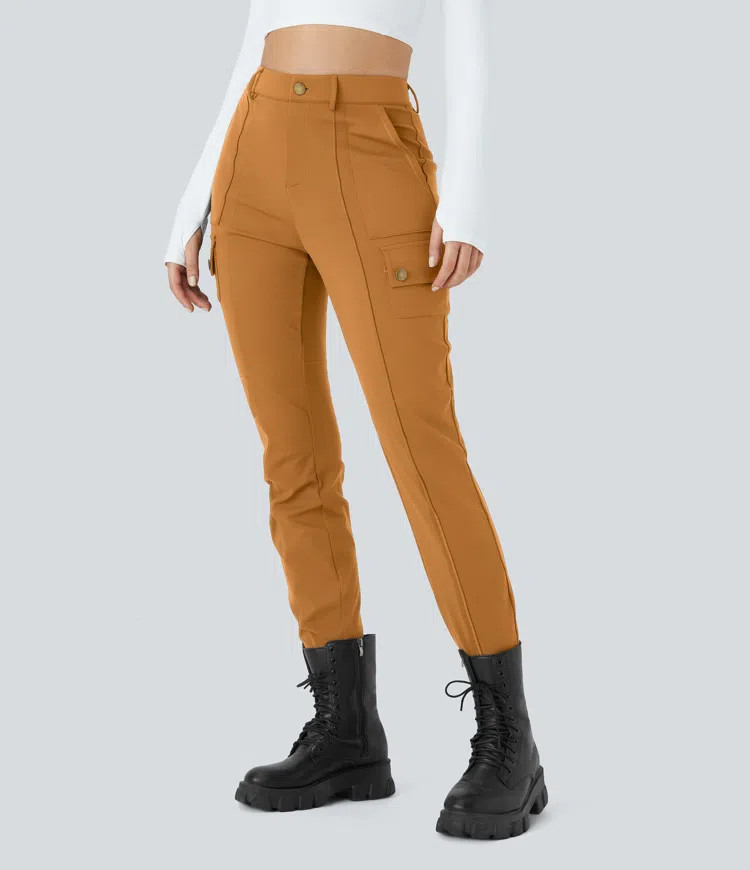 High Waisted Zipper Pockets Solid Skinny Cargo Pants | HALARA