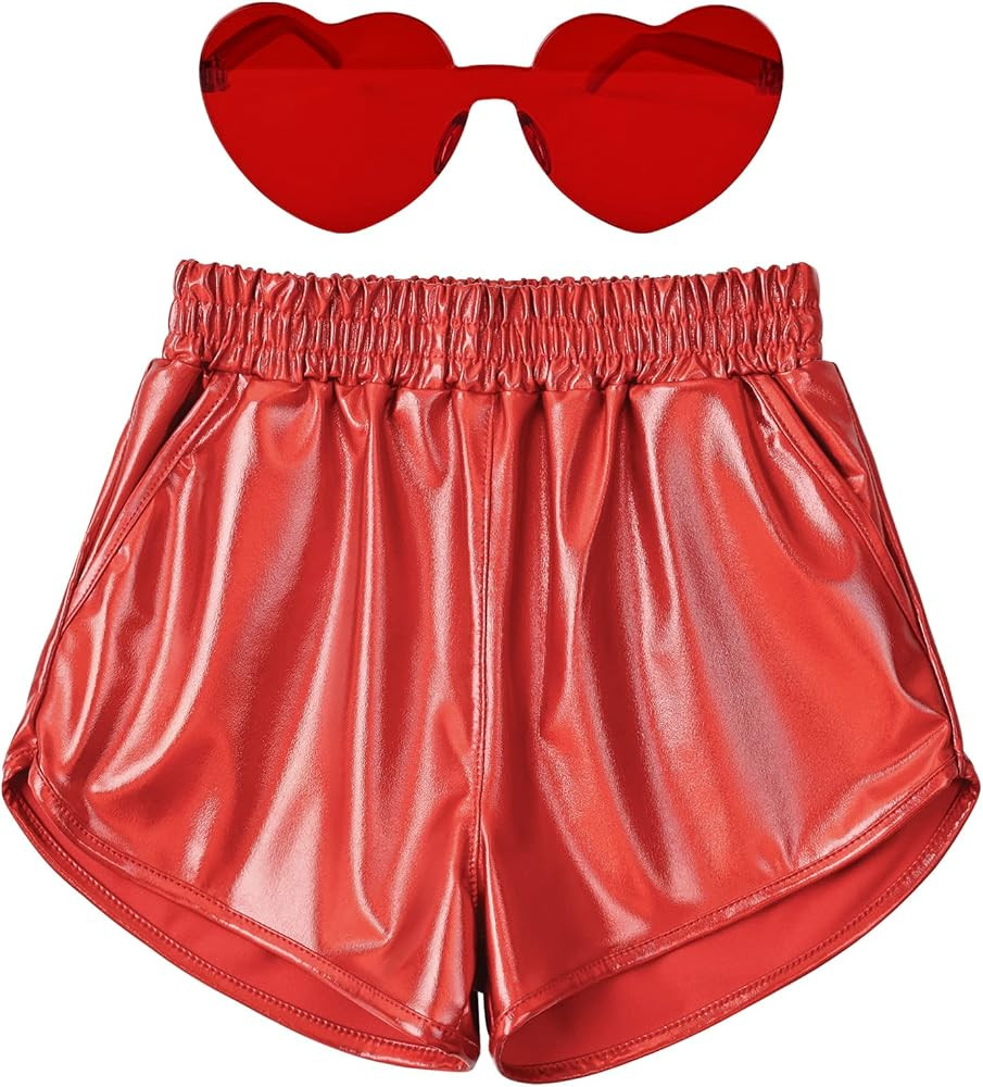 Mirawise Girls Metallic Shorts Shiny Hot Pants Sparkly Dance Outfits Short Pants with Sunglasses | Amazon (US)