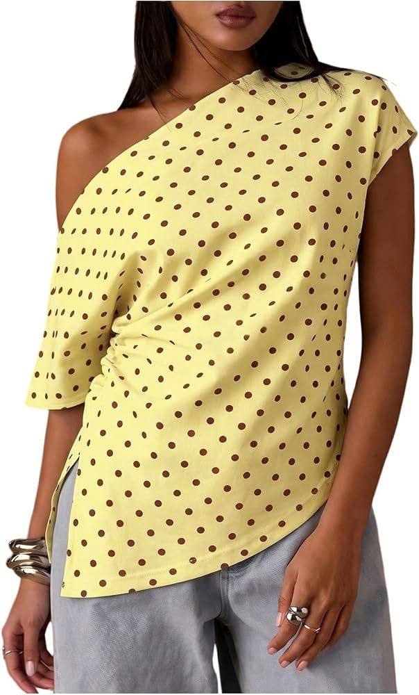 OYOANGLE Polka Dots Off The Shoulder Tops for Women Y2K Going Out T Shirt | Amazon (US)