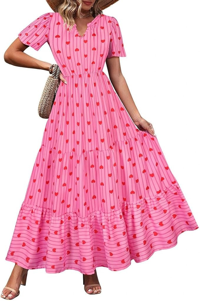 TIYOMI Women Plus Size Dress Boho V Neck Short Sleeve Beach Maxi Dresses Floral/Stripe/Leaves/Lem... | Amazon (US)