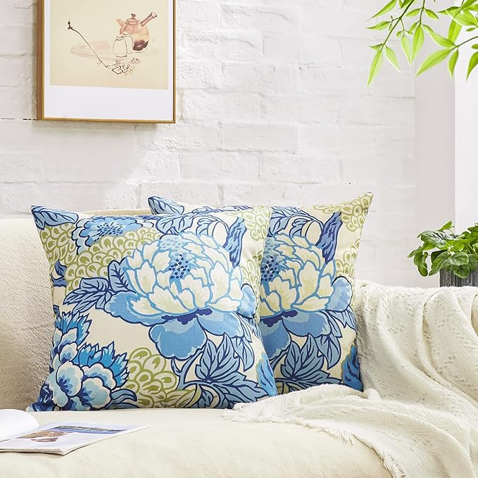 Pack of 2, Chinoiserie Pillow Cover 16 x 16 Inch Peony Floral Pillow Covers Linen Flower Throw Pi... | Amazon (US)