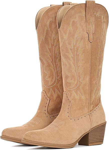Suede Cowboy Boots For Women Chunky Heel Pointed Toe Cowgirl Boots | Amazon (US)
