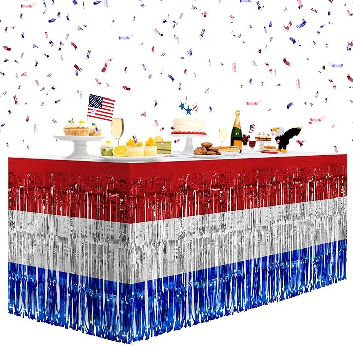 2 Pack Red&White&Blue Table Skirts, 29x108" Metallic Foil Tinsel Fringe Table Skirt for Rectangle... | Amazon (US)