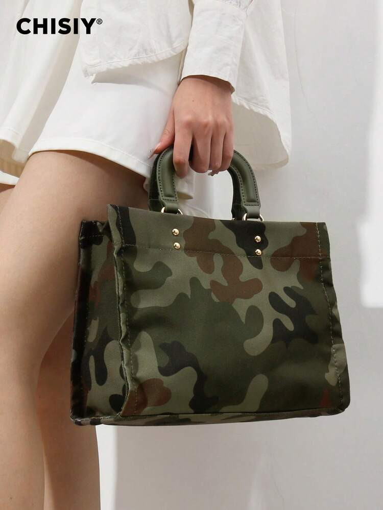 CHISIY Handmade Vintage Wrist Design Niche Camouflage Print Large Capacity Top Handle Zipper Handbag, Crossbody Shoulder Bag Suitable For Outdoor, Fitness, Travel, Overnight, Backpack, Youth, Street, Camouflage, Fashion, Personalized, Cool, Y2K | SHEIN