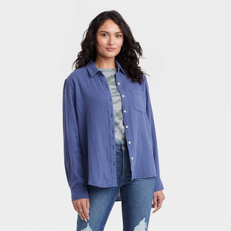 Women&#39;s Long Sleeve Relaxed Fit Gauze Button-Down Shirt - Universal Thread&#8482; Light Purpl... | Target