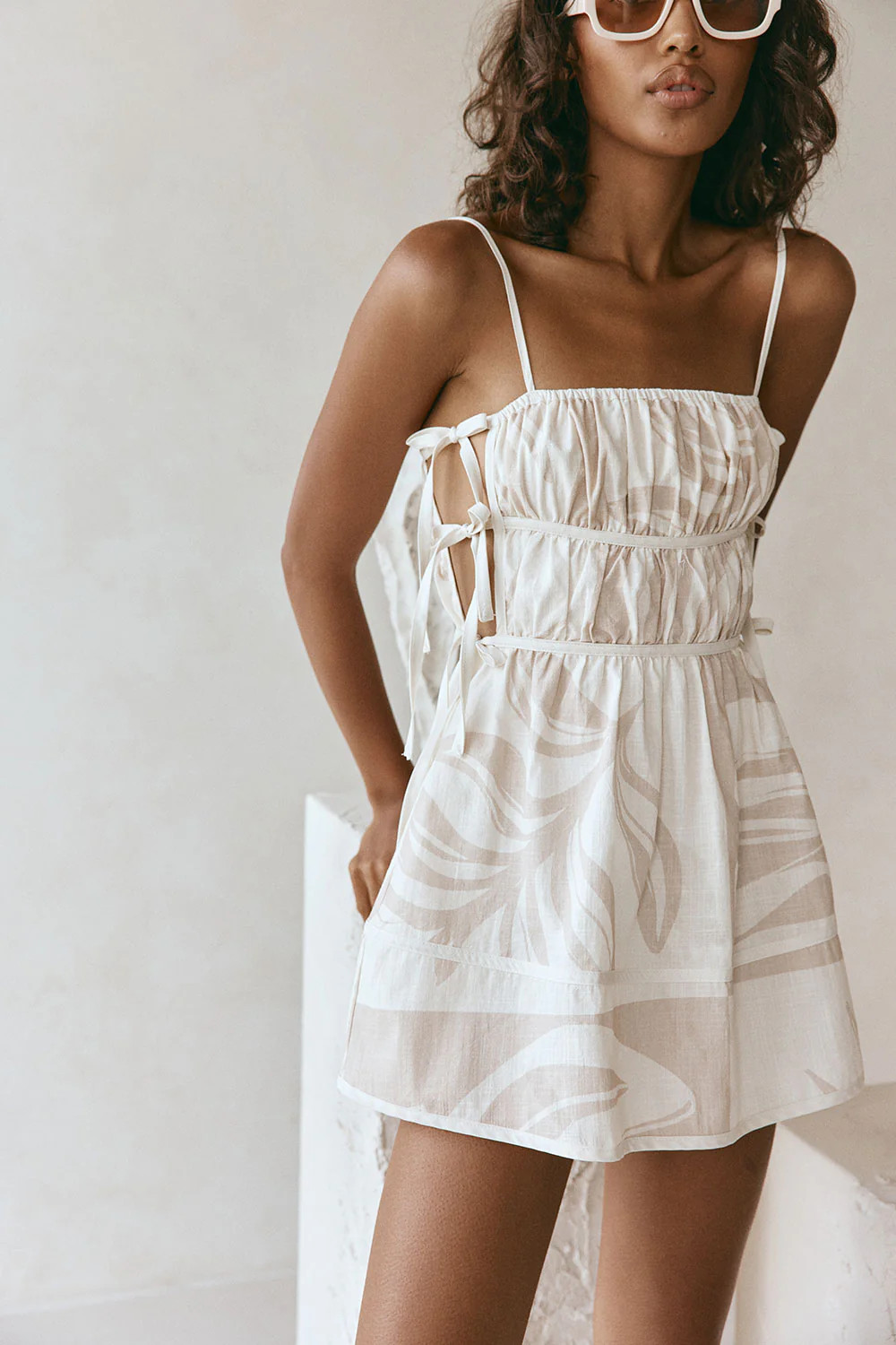 Beige Terra Forme Print Ruched Mini Alura Dress | Sabo Skirt US