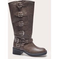 Brown Burnish Pu Round Toe Multi Buckle Harness Knee High Boots | PrettyLittleThing UK