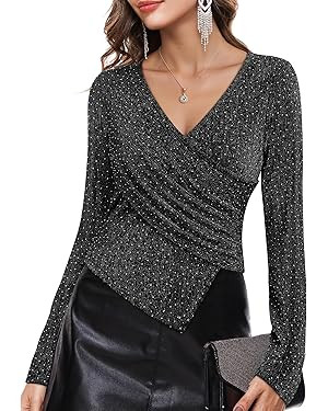 VALOLIA Womens Sparkly Tops Rhinestone Shiny Long Sleeve Ruched Asymmetrical Sparkle Blouses Cock... | Amazon (US)