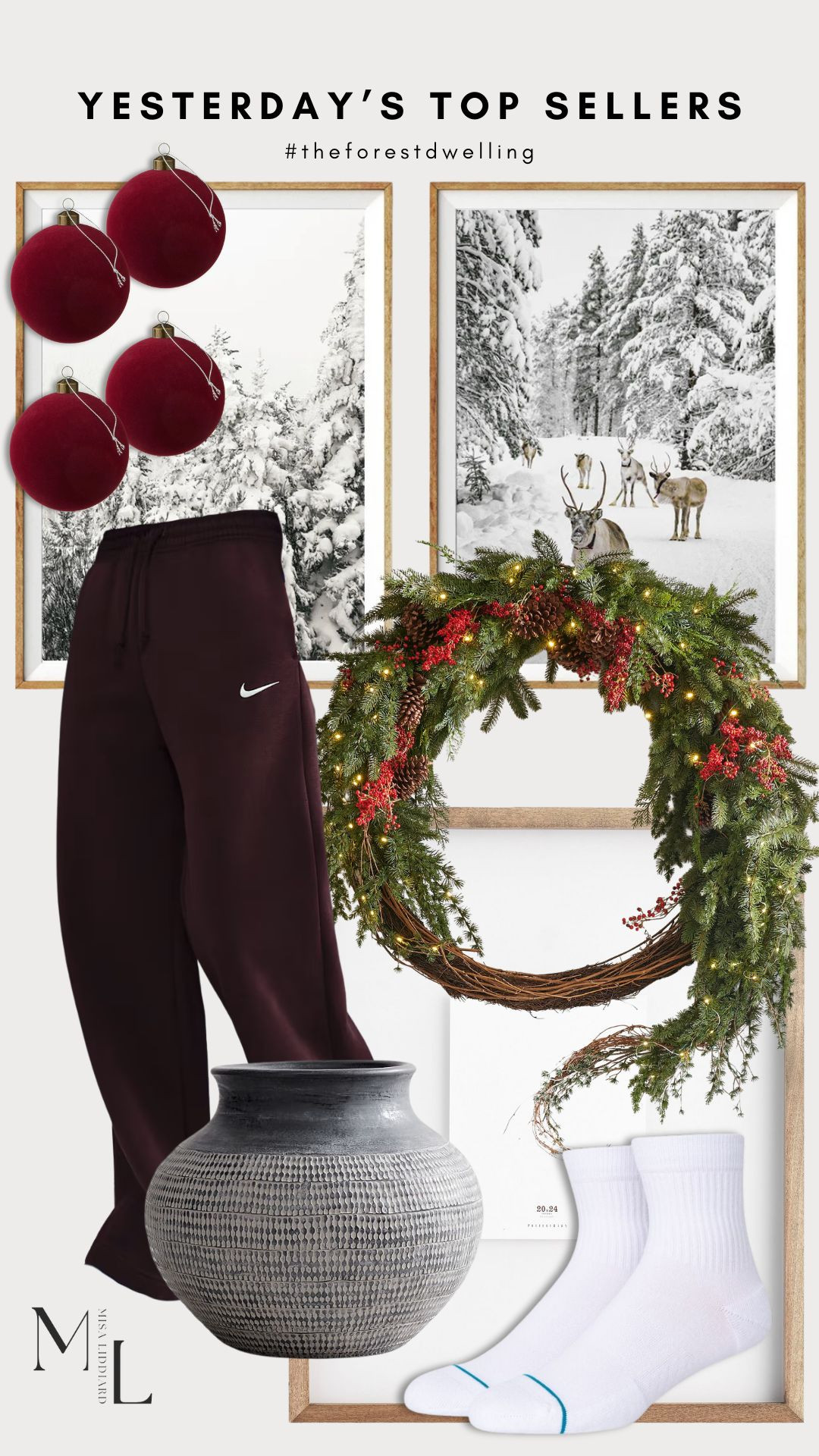 Yesterday's top sellers! The Nike sweat pants have been a wardrobe staple. They fit so well. High waisted with a wide leg. Perfection! The winter prints and the floating wood frames are constant best sellers. I love to swap out seasonal prints to refresh our hallway space. The faux berry garland is stunning. I added in more red to our Christmas decor this year and I'm obsessed. 

 #LTKHoliday #LTKSeasonal #LTKHome