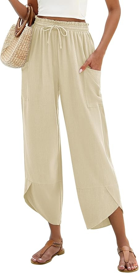 LOMON Women Linen Palazzo Pants Boho Wide Leg Elastic Waisted Casual Capri Pant Summer Harem Loun... | Amazon (US)