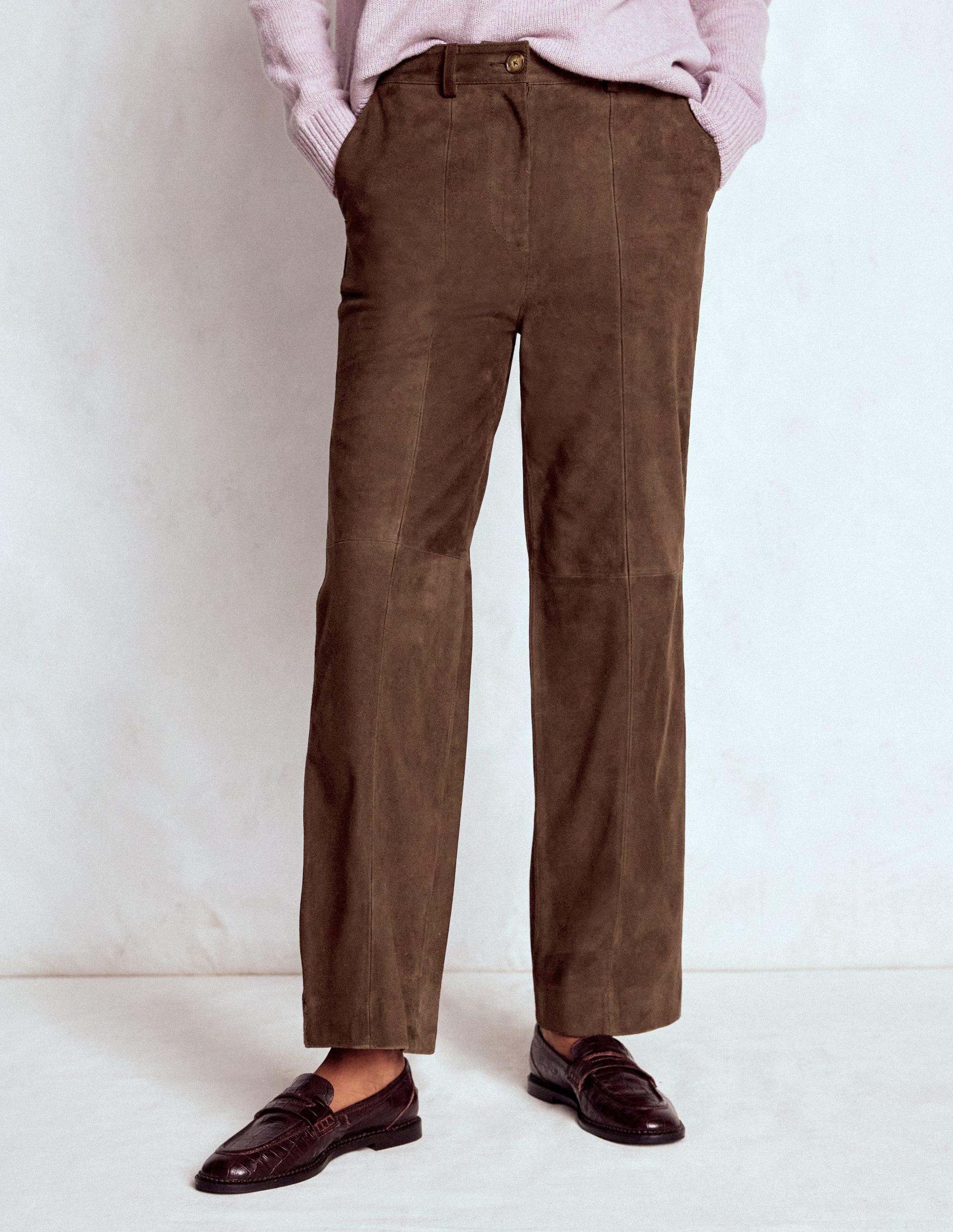 Suede Straight Leg Trousers-Dark Chocolate | Boden UK