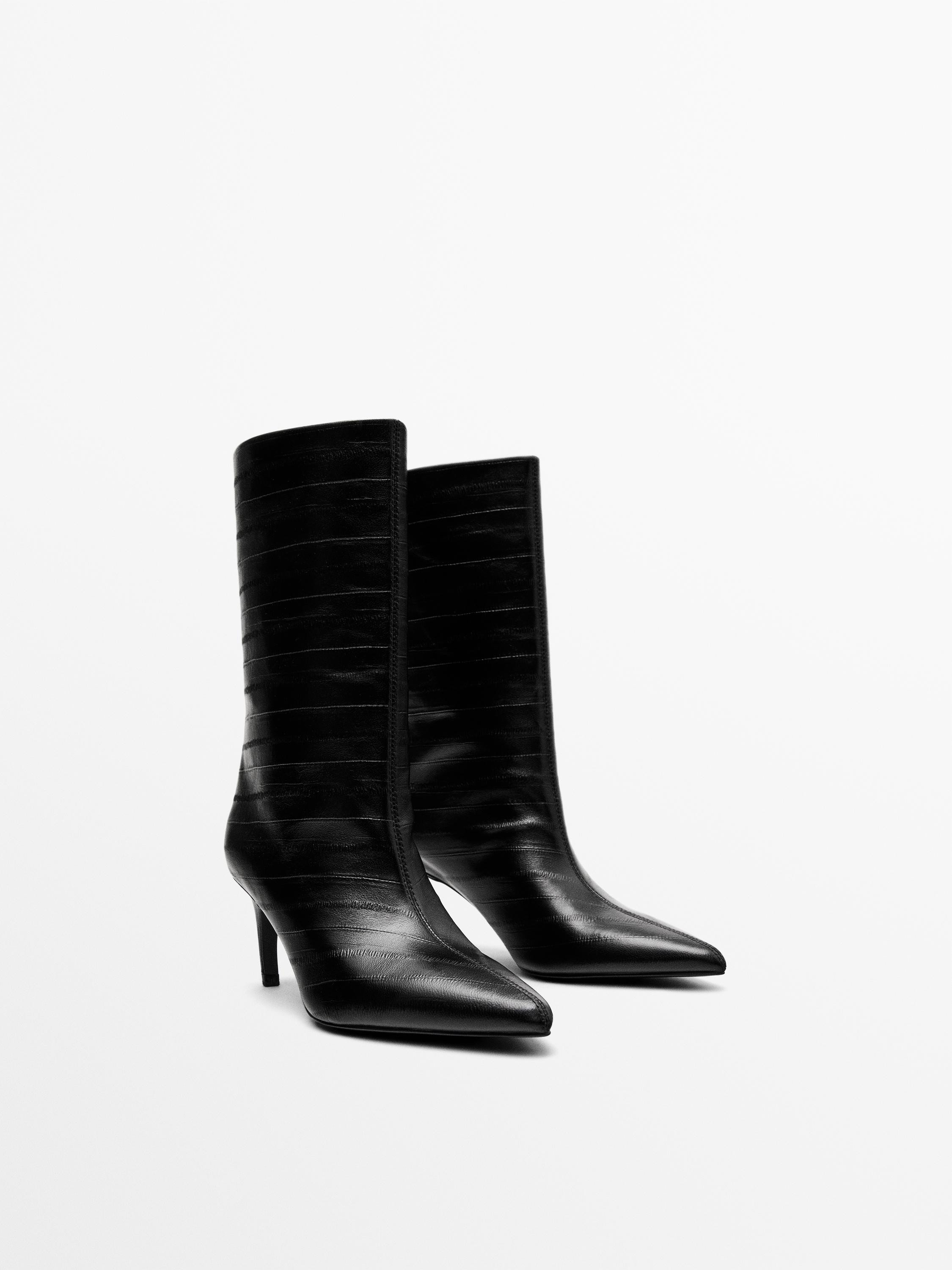 Embossed leather high-heel ankle boots | Massimo Dutti US