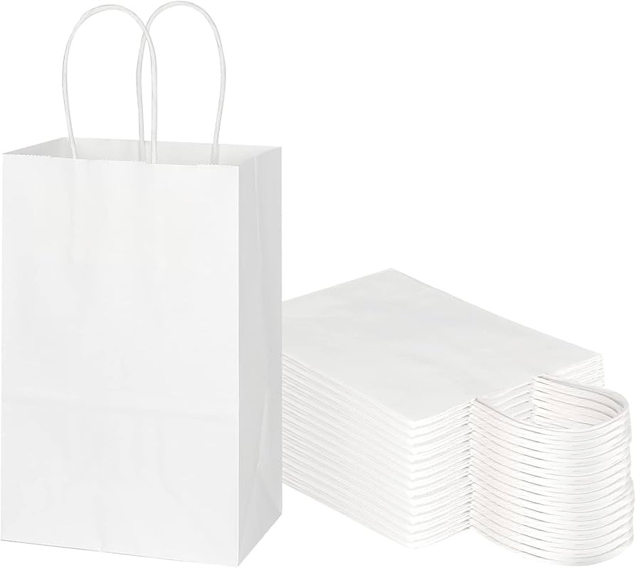 Toovip 50 Pack 5.25x3.25x8.25 Inch Small White Kraft Paper Bags with Handles Bulk, Gift Wrap Bags... | Amazon (US)
