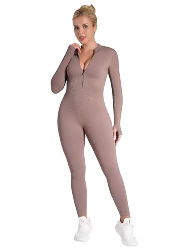 Sunzel Long Sleeve Jumpsuits for Women, Ribbed One Piece Casual Yoga Workout Zip Front Bodycon, Legging Fit & Thumbhole 25" Khaki X-Large | Amazon (US)