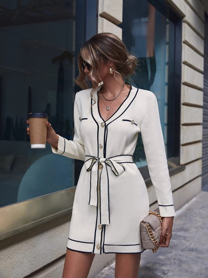 SHEIN Clasi Contrast Piping Belted Sweater Dress | SHEIN