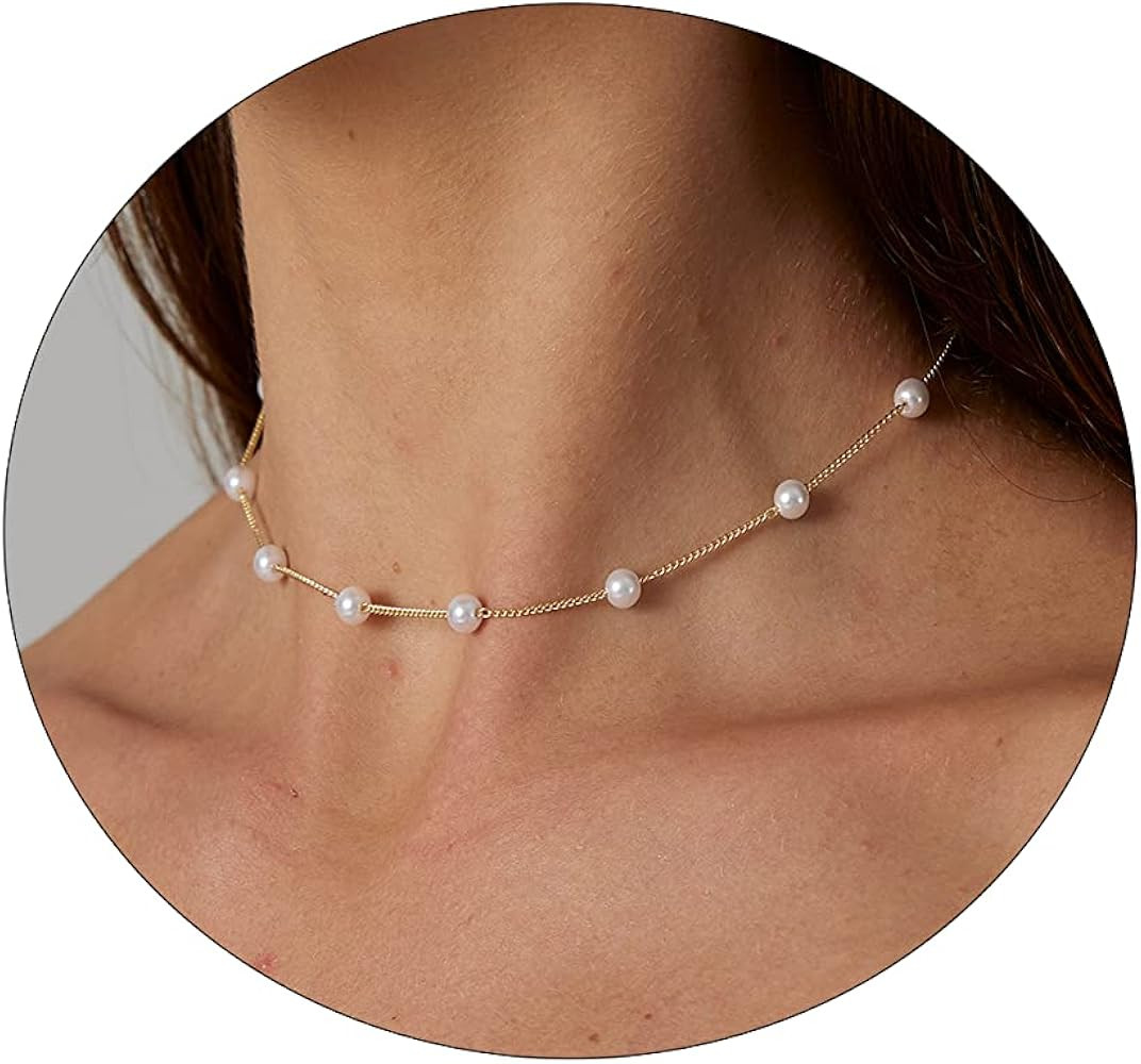 CAROVO Dainty Pearl Pendant Necklaces for Women 14k Gold Plated Barque Pearl Chain Necklace Delic... | Amazon (US)