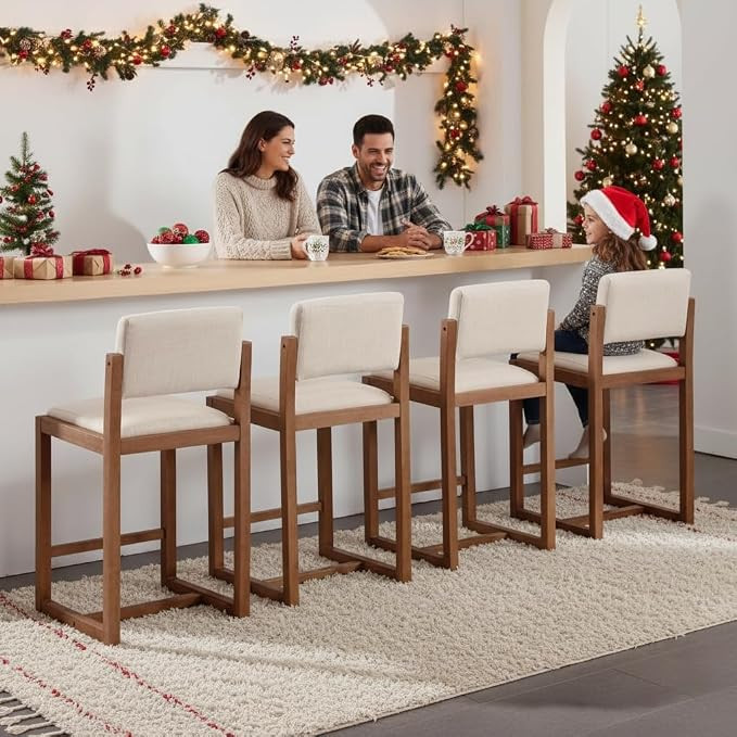 Linen Counter Stools Set of 4, Farmhouse Upholstered 26" Seat Height Counter Height Bar Stools wi... | Amazon (US)
